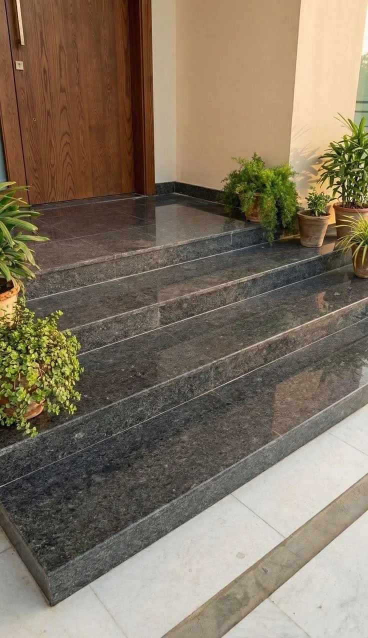 Perron d'entrée en granit sombre poli, bordé de plantes en pot